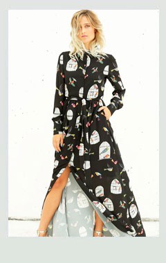 vestido camisero estampado pajaros jaulas largo abertura manga larga apparentia comprar online shopping