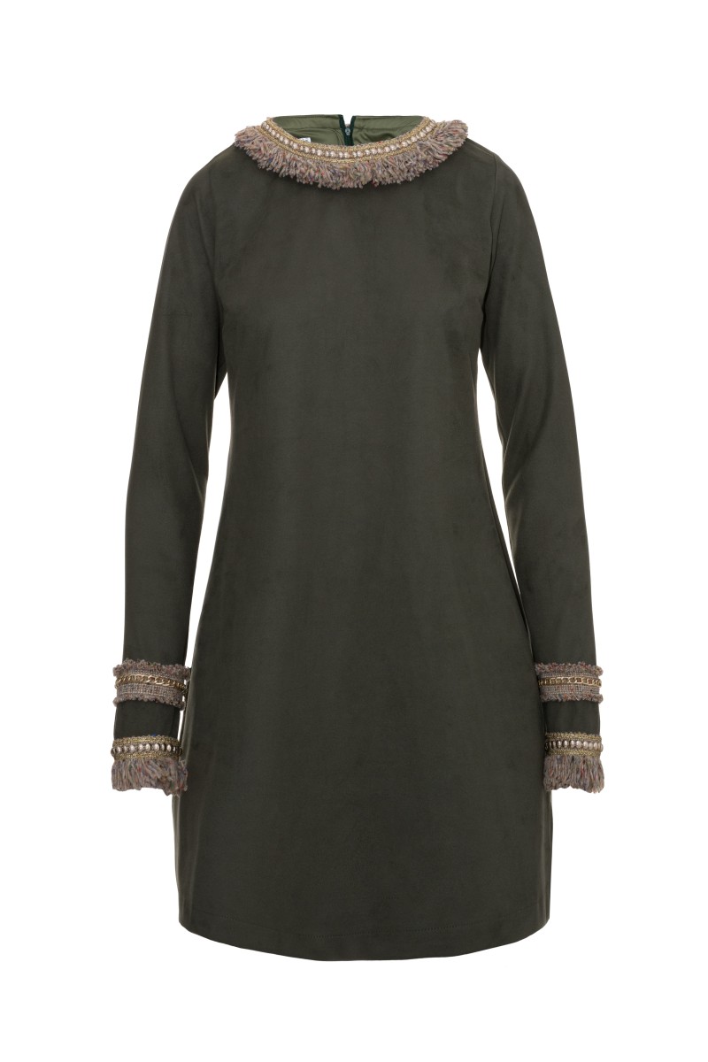 vestido verde de antelina manga larga y pasamaneria de otoño invierno 2016 2017 para invitadas, eventos y ocasiones especiales de apparentia