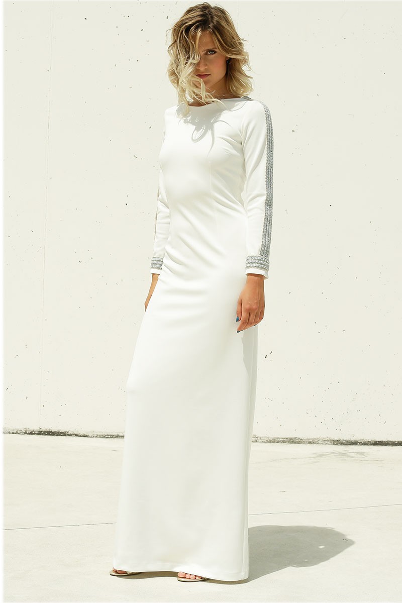 vestido largo ajustado blanco neoprano manga larga cuerpo cerrado pasamaneria lentejuelas hilos finos azul aguamarina plata metalizado fiesta nochevieja boda invitada apparentia