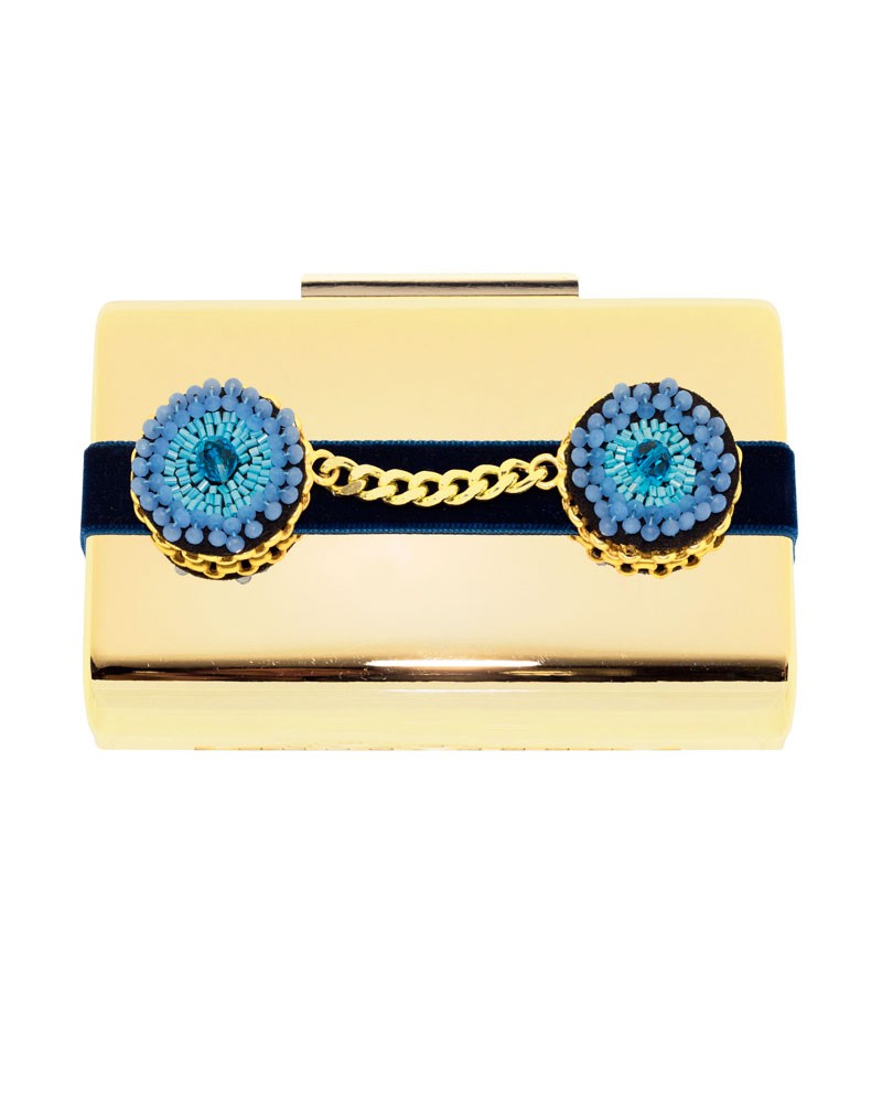clutch base laton dorado con tira azul terciopelo y ojos de canutillos y piedra brillante y cadena dorada fiesta evento boda coctel nochevieja apparentia