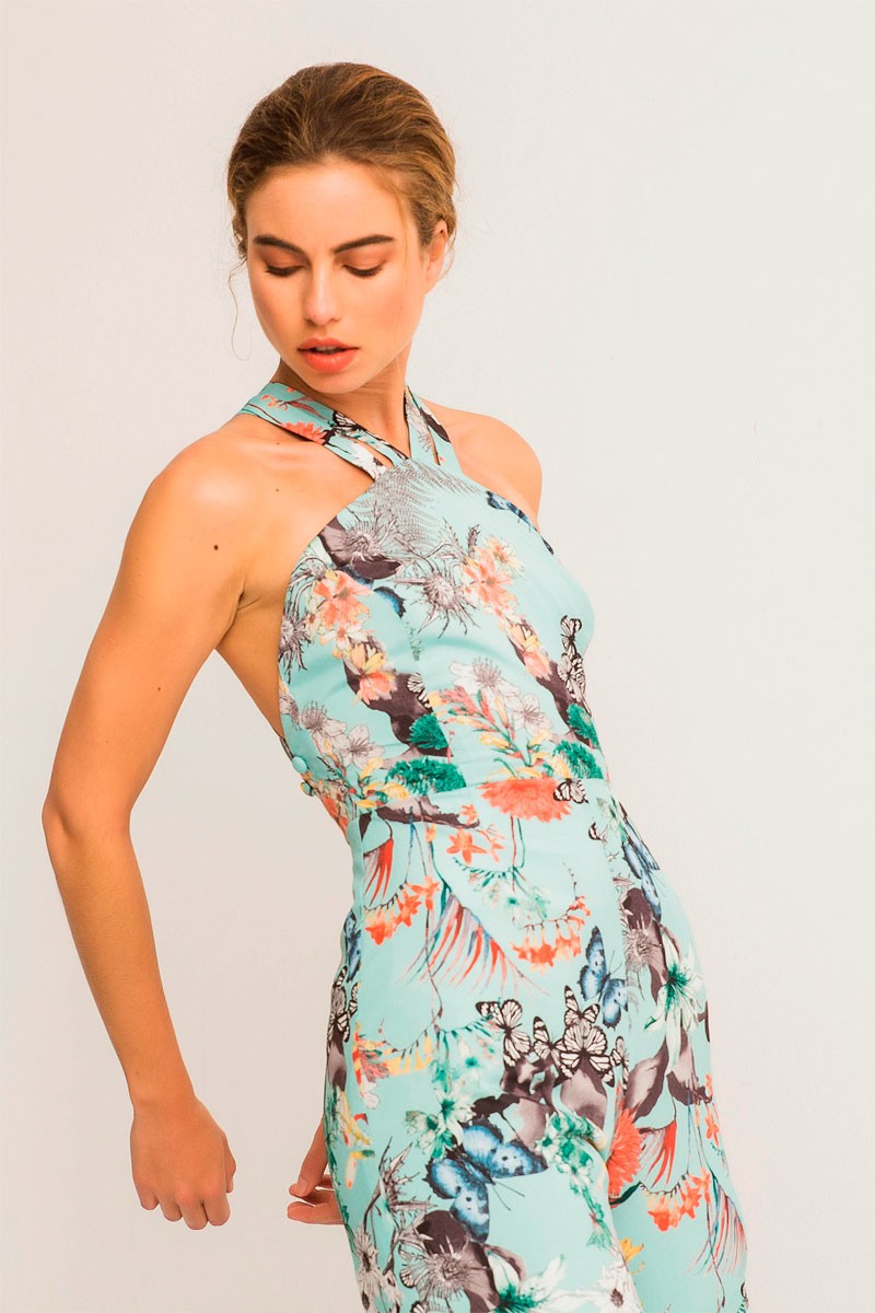 Comprar online mono largo azul con estampado de mariposas y tirantes cruzados espalda para invitada de boda bautizo comunion coctel evento cena de empresa o monos de vestir