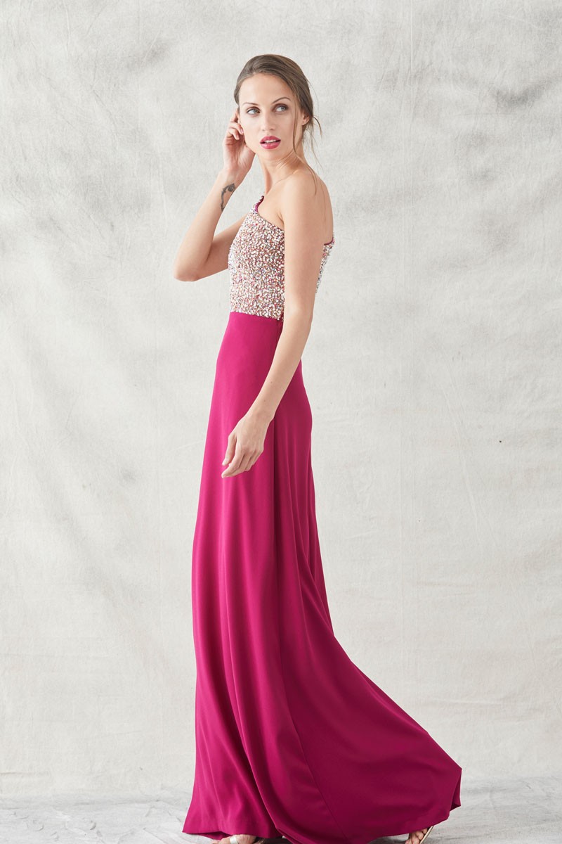 vestidos largos para invitadas de fiestas bodas eventos con escote asimetrico lentejuelas crepe