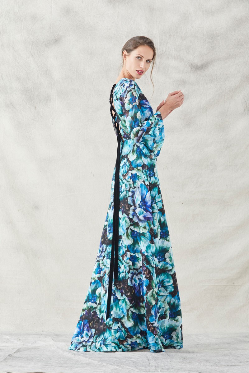 comprar vestido largo con volantes en las mangas largas y lazada de terciopelo negro en el escote de pico de la espalda para invitadas de bodas eventos fiestas de apparentia