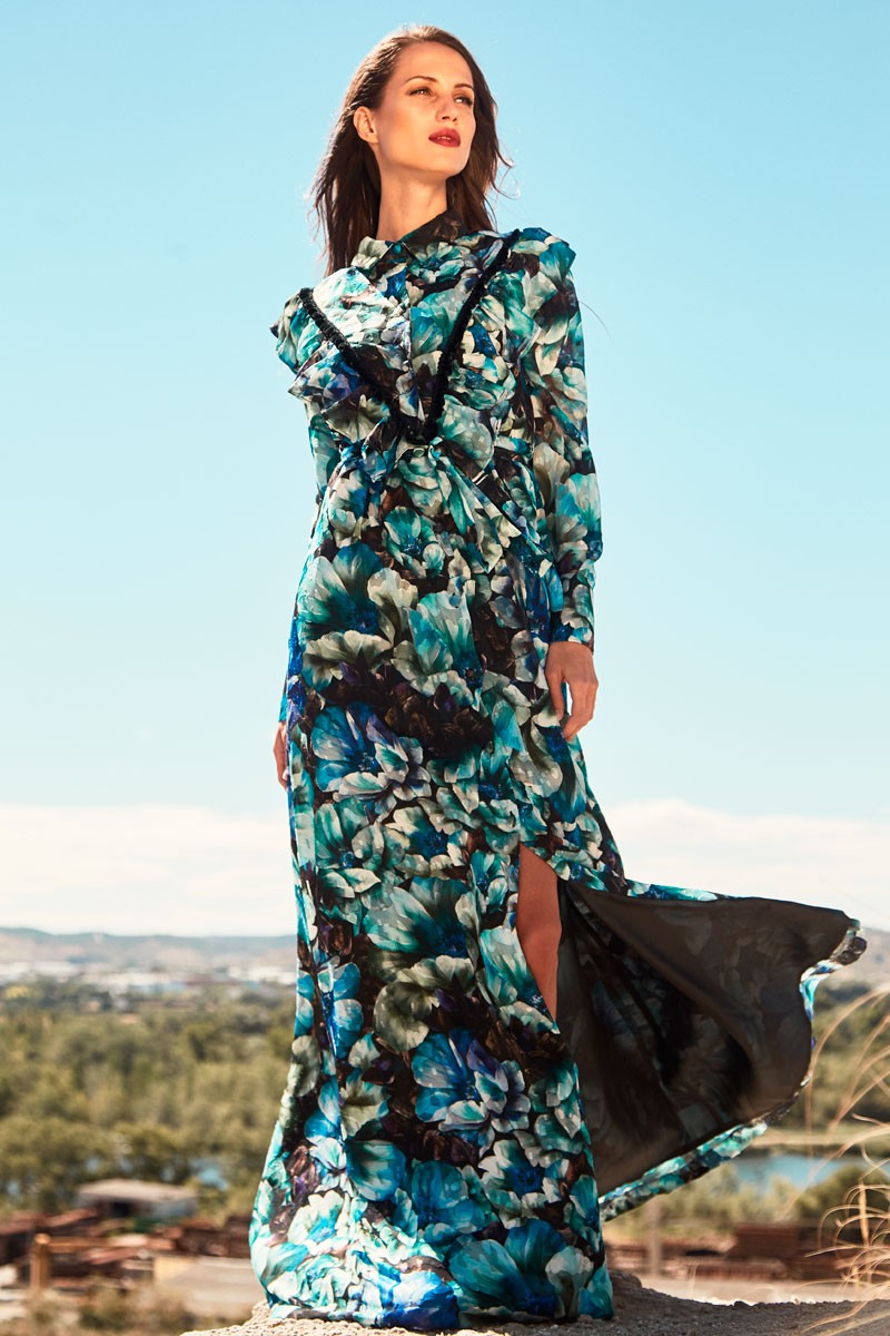 vestidos largos camiseros estampados abotonadura todo el cuerpo y cuello redondo con terciopelo apparentia