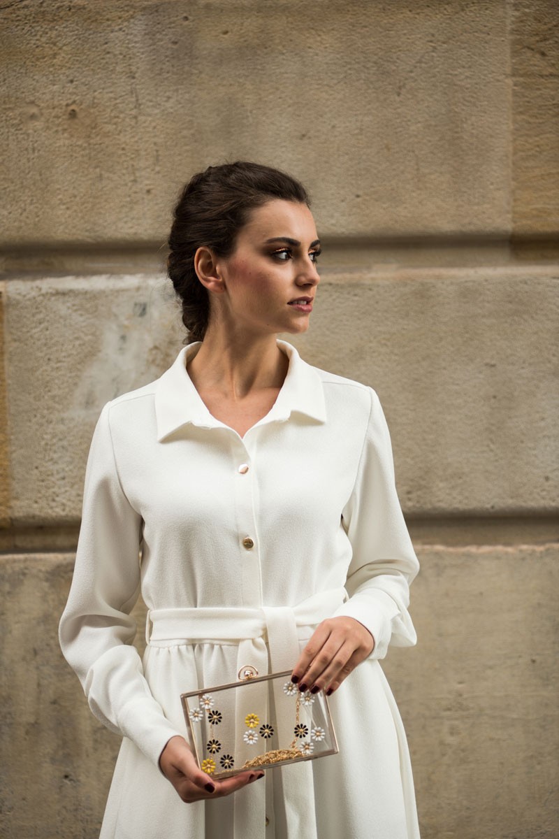 compar online Vestido midi camisero crepe rizado blanco claro estampado flores abotonado manga larga para e boda