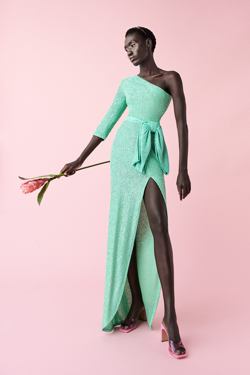 Vestido largo de fiesta asimétrico de lentejuelas aguamarina para invitadas boda 2020