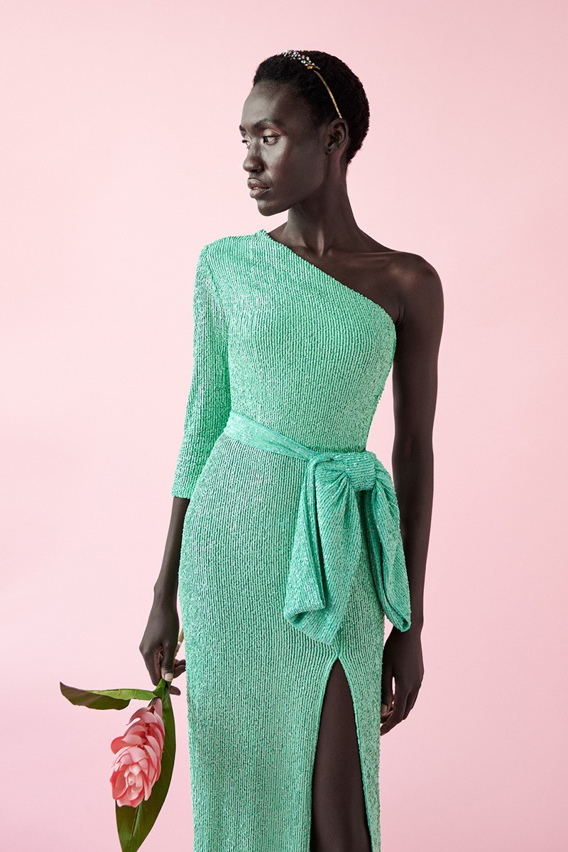 comprar online Vestido de fiesta largo asimétrico de lentejuelas aguamarina para invitadas boda 2020