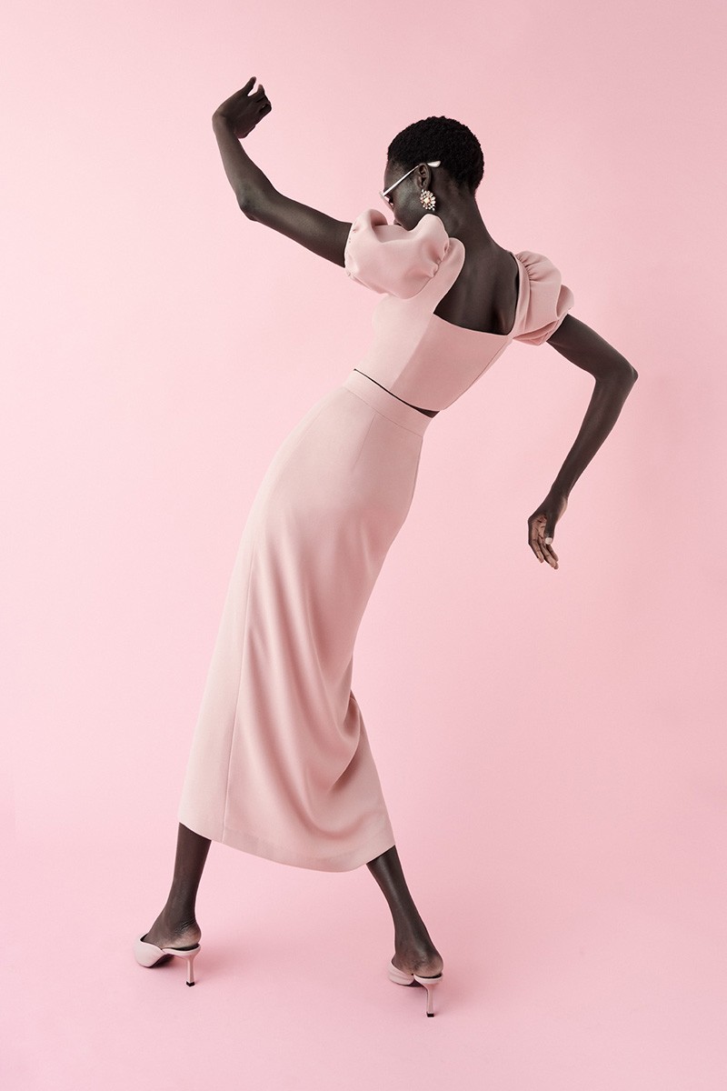 comprar online Conjunto de fiesta top escote corazon y falda recta con botones joya rosa para invitadas boda comunion bautizo