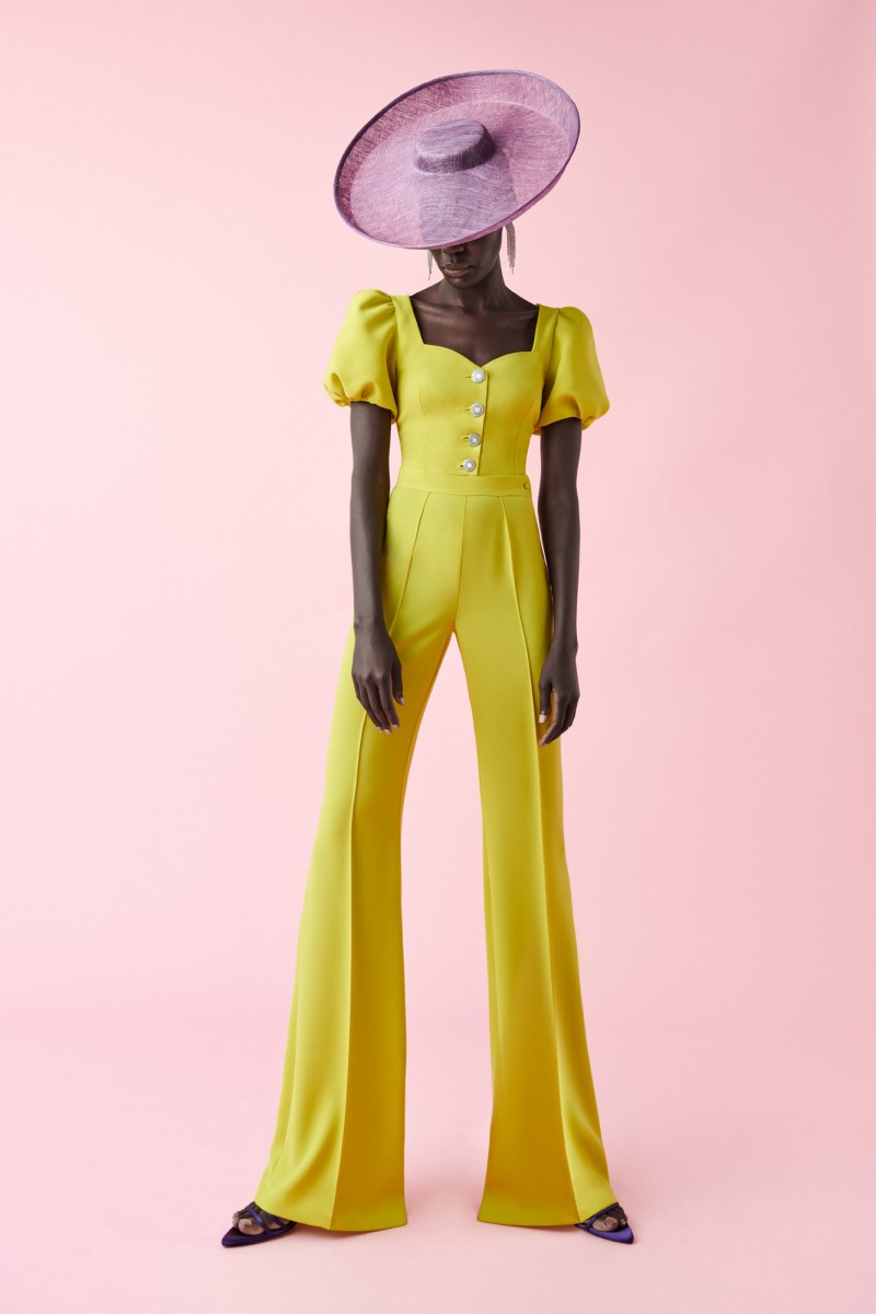 comprar online Conjunto de top corto con manga farol y botones  joya y palazzo en crepe verde lima para invitadas boda fiesta coctel