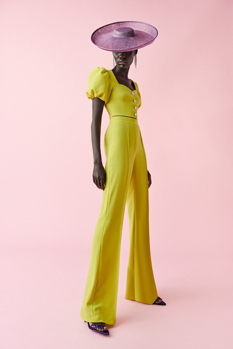 Conjunto de top abullonado joya y palazzo lima para invitadas boda fiesta coctel