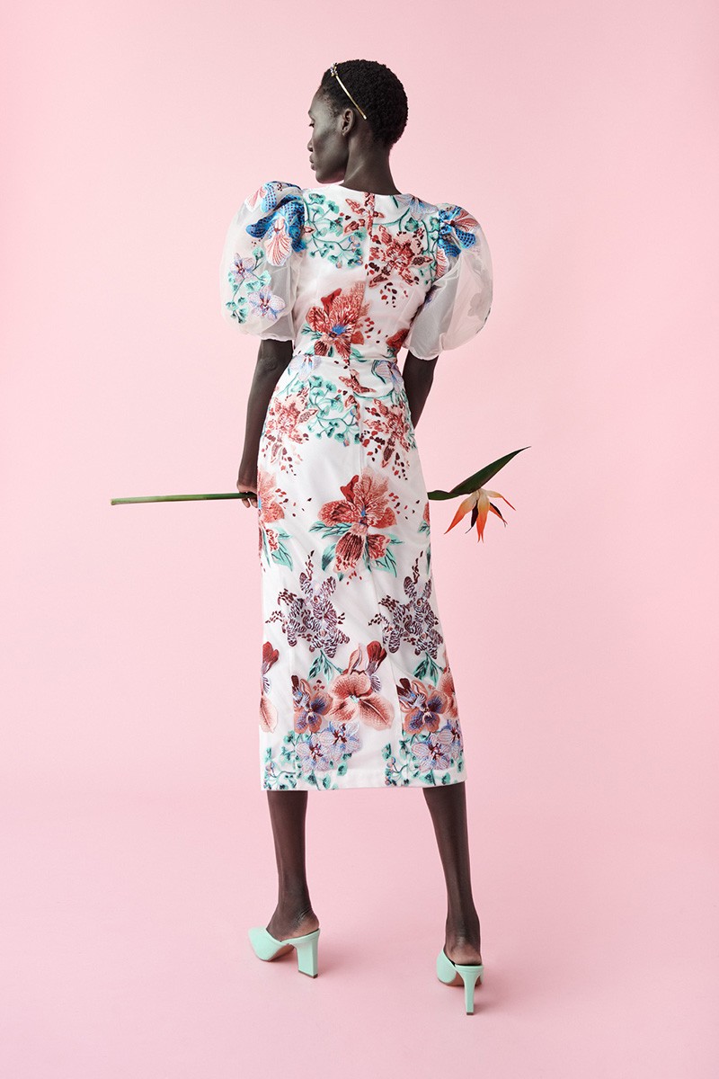 comprar online vestido midi bordado flores con mangas abullonadas para invitadas boda fiesta comunion bautizo