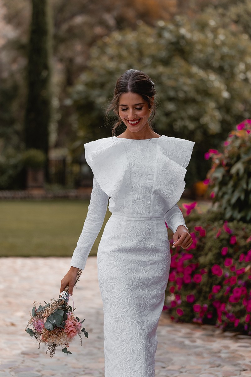 vestido jacquard brocado blanco para novia civil, mama de bautizo o comunion