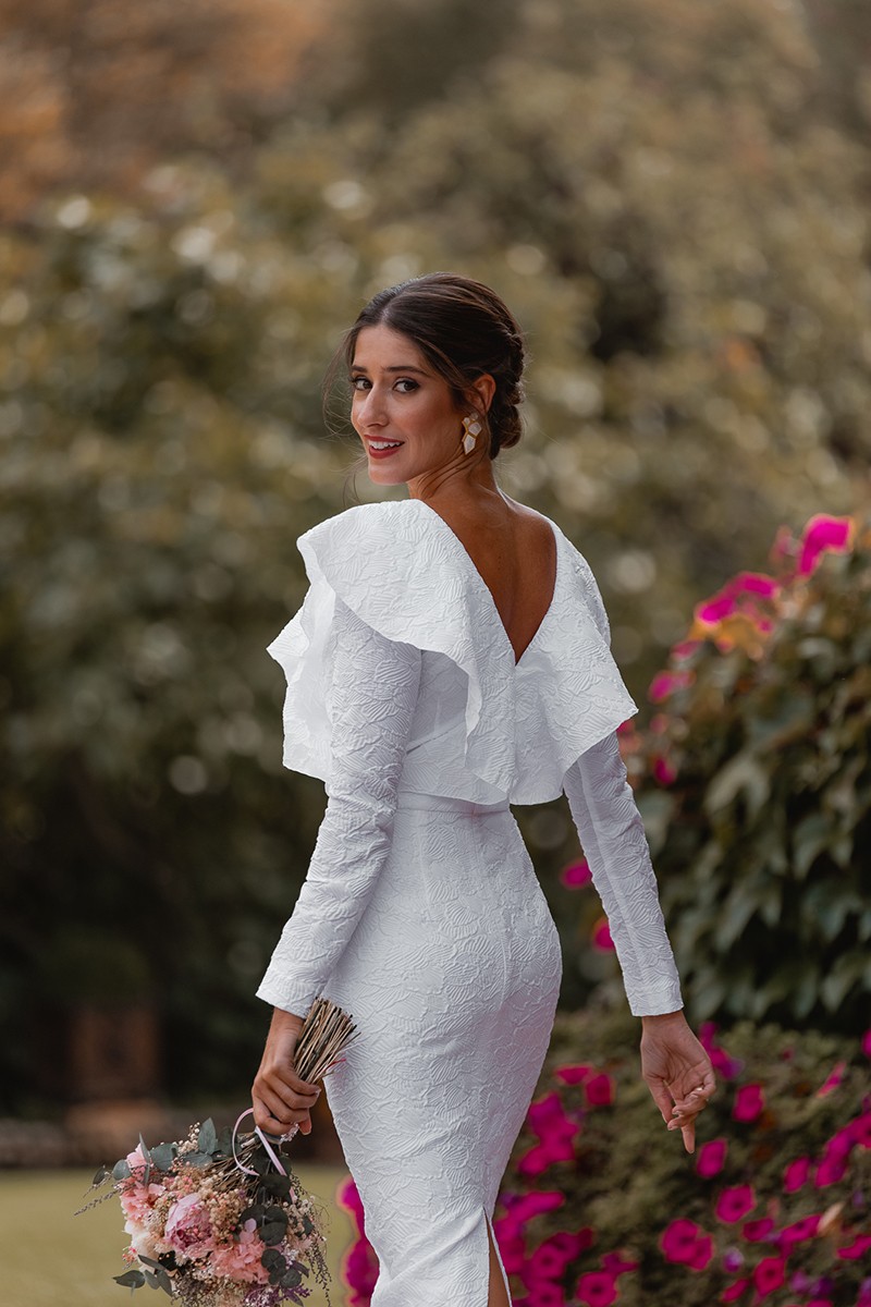 vestido brocado blanco manga larga para novia civil, mama de bautizo o comunion