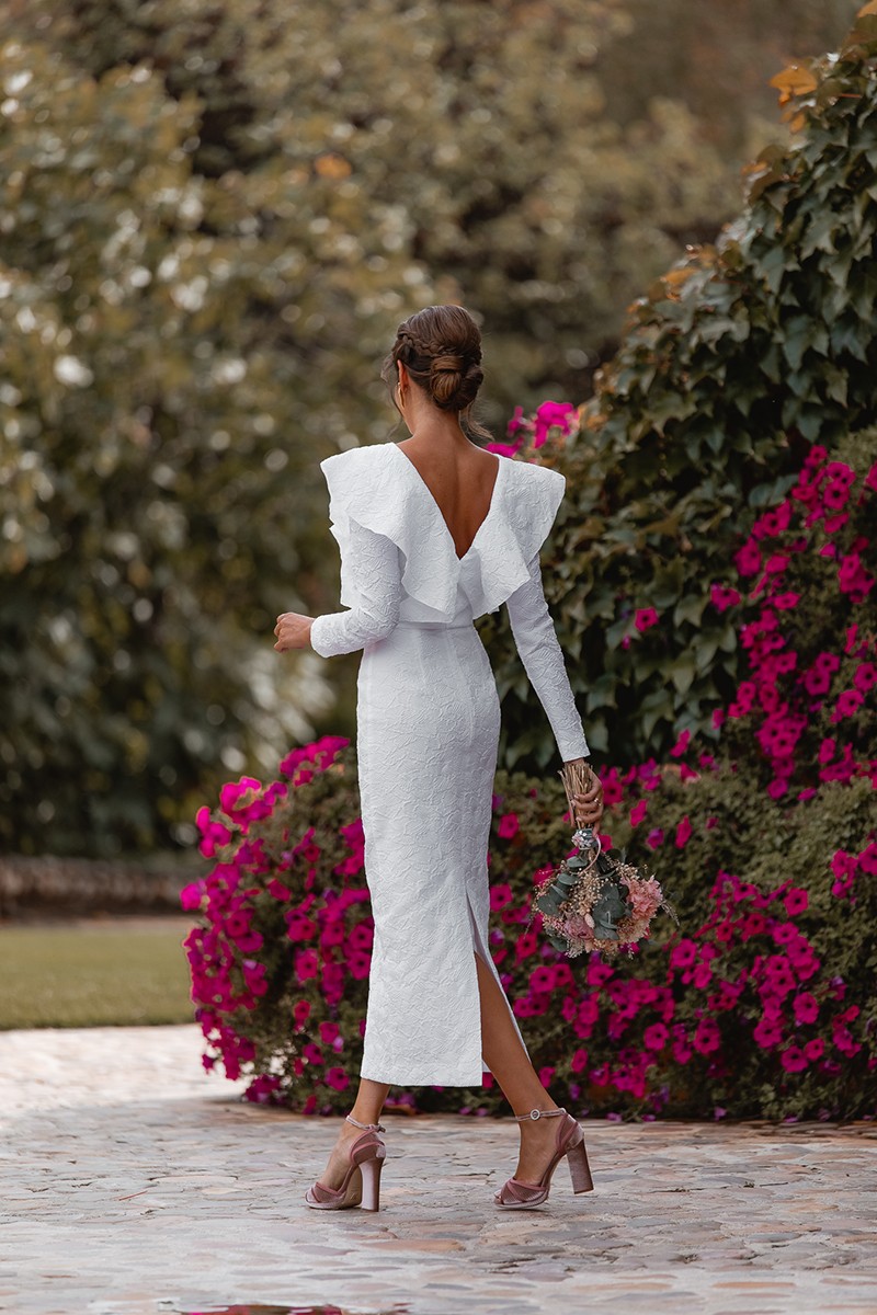 vestido midi brocado blanco para novia civil, mama de bautizo o comunion