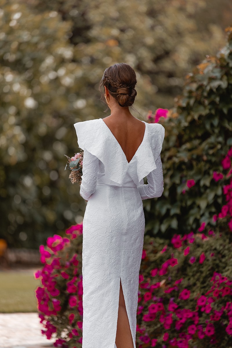 vestido brocado blanco largo midi con volantes para novia civil, mama de bautizo o comunion
