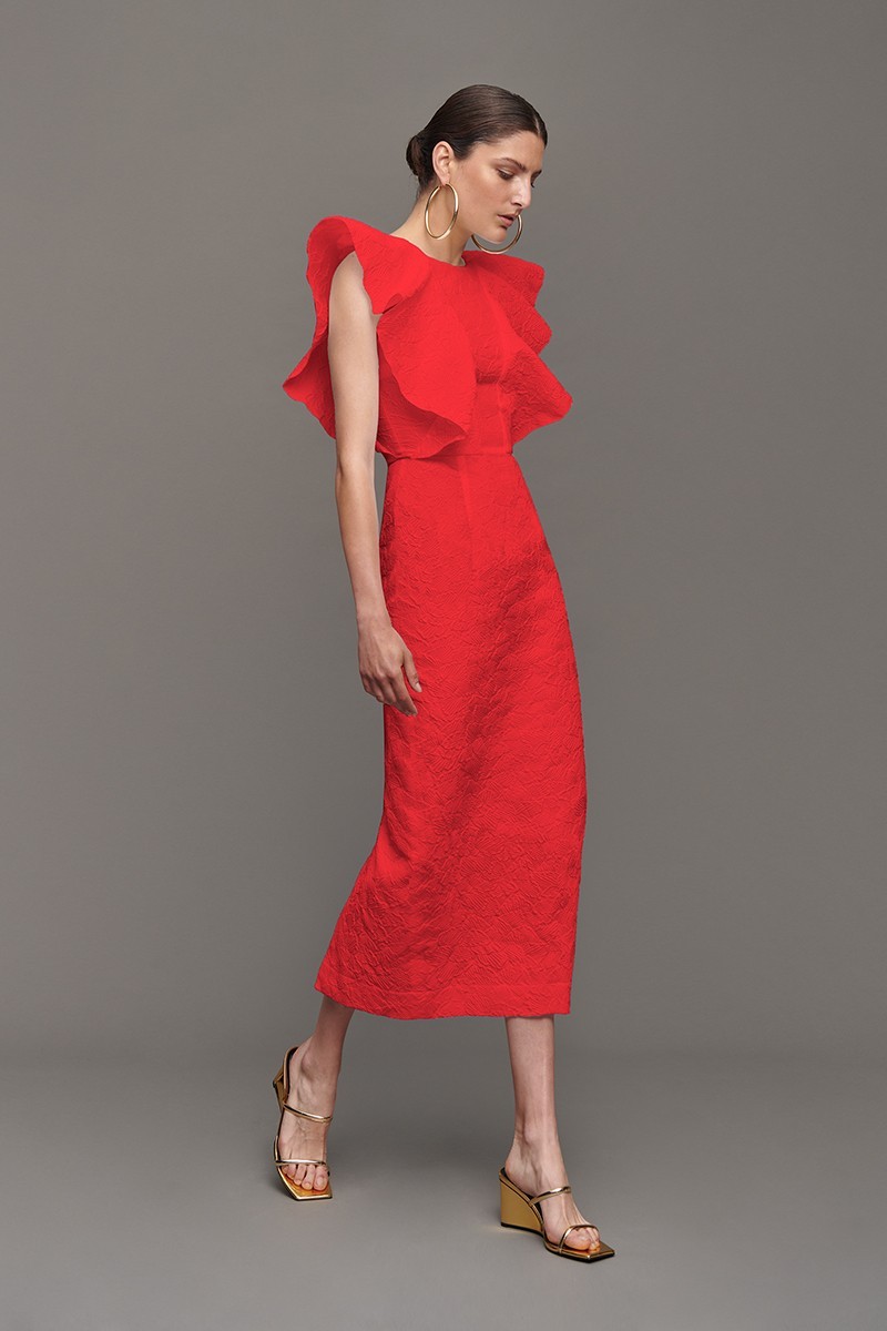 vestido de fiesta midi con volante tejido brocado rojo para boda fiesta comunion