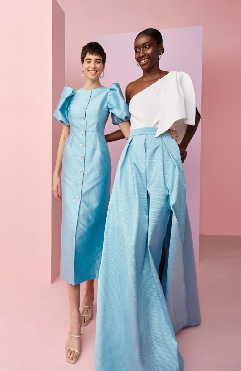 comprar falda de fiesta larga abullonada con abertura lateral en jacquard azul claro para invitadas boda de verano, hermana del novio o de la novia.