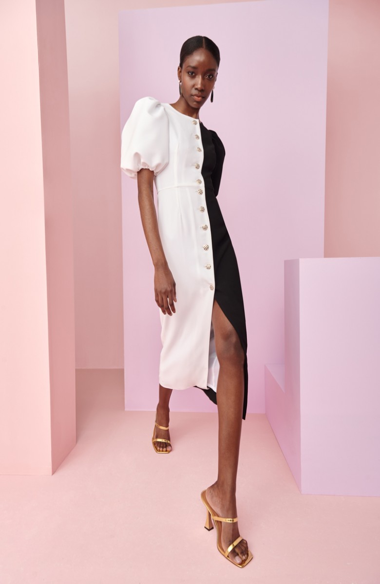 vestido de coctel con mangas abullonadas y botones joya en crepe blanco y negro para invitadas boda fiesta, bautizo, comunion, comprar online