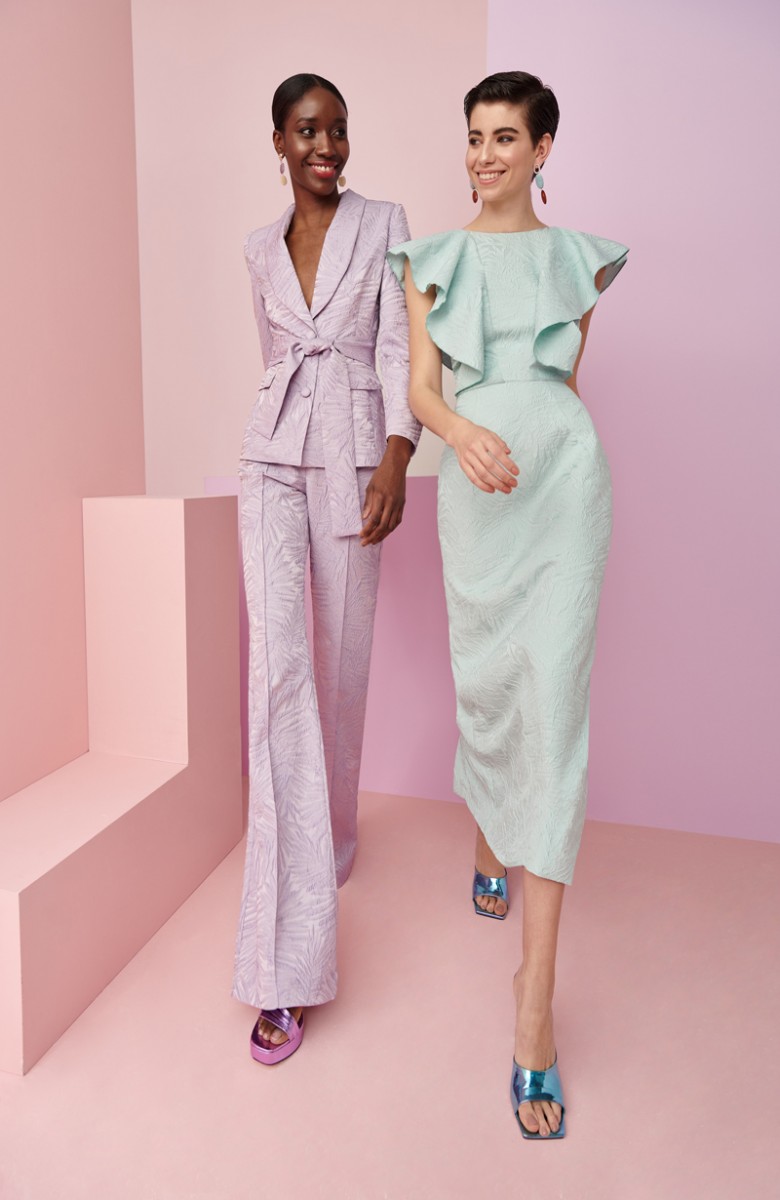 traje de chaqueta y pantalon brocado lila Blazer con cuello esmoquin y cinturon para boda, invitada, fiesta, celebracion, coctel, comunion