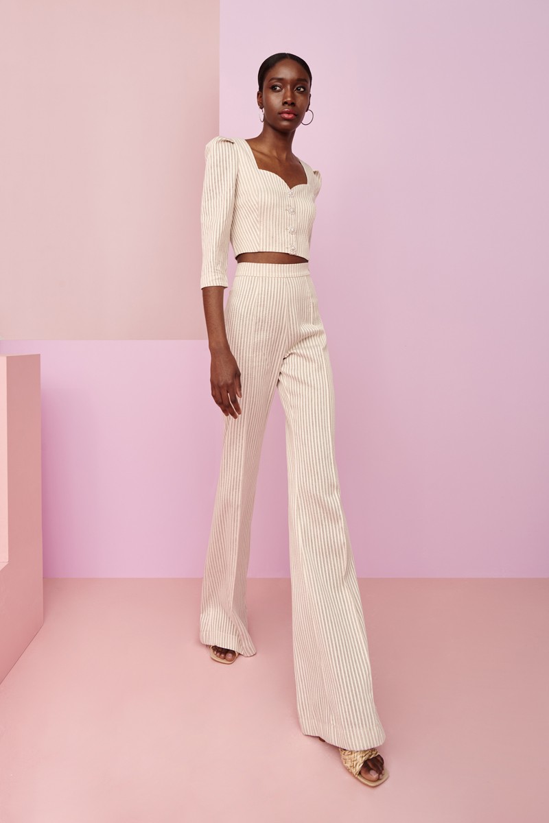 comprar pantalon palazzo y top corto con botones joya rayas beige de lino para invitadas a boda, bautizo, comunion, fiesta, graduacion