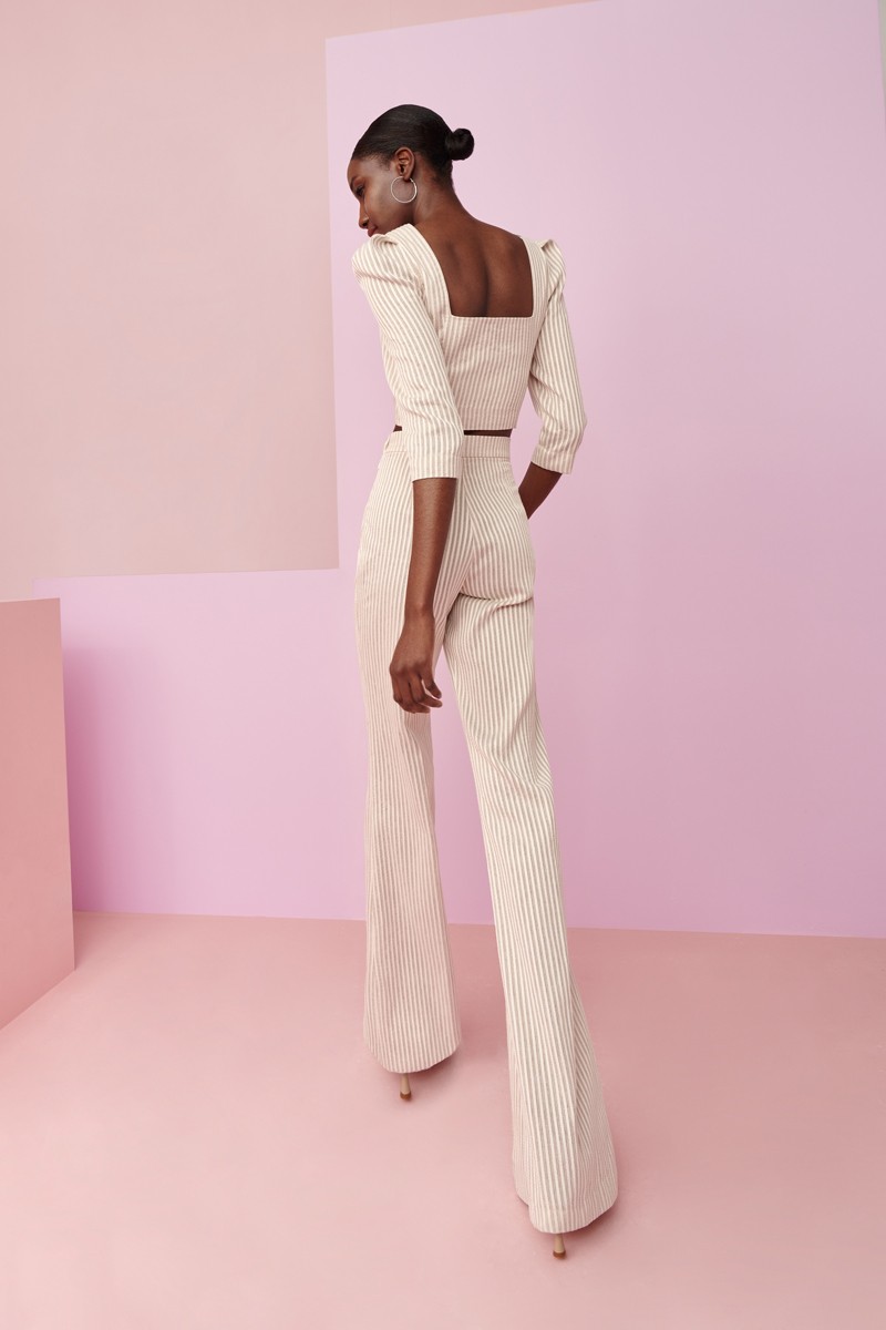 comprar conjunto de pantalon palazzo y top corto con botones joya rayas beige de lino para invitadas a boda, bautizo, comunion, fiesta, graduacion