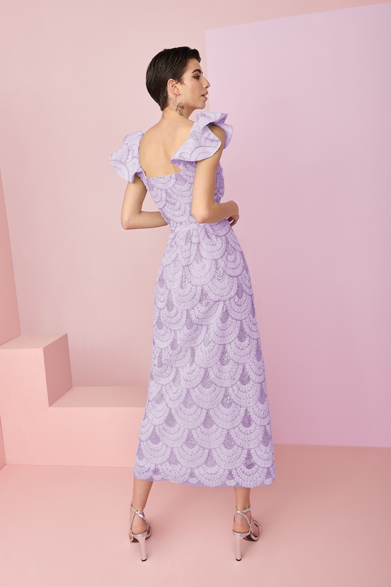 comprar conjunto en tul fantasía lila con lentejuelas y top corto con volantes en tirantes y botones forrados para invitadas a boda de dia, bautizo, comunion, fiesta, verano