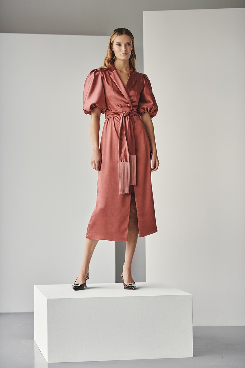 vestido cruzado saten cobre con manga globo y cinturón de flecos para invitada boda, bautizo, comunion, shop online apparentia