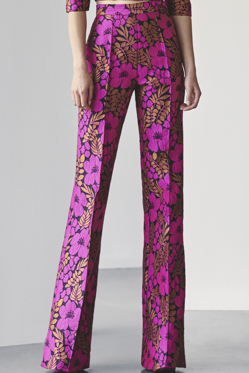 online conjunto brocado de flores de top escote corazon manga francesa y pantalon para invitada evento boda, fiesta, salir con amigos, fonde de armario