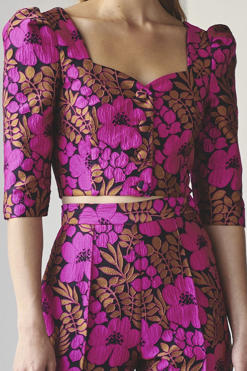 compra online conjunto brocado de flores de top escote corazon manga francesa y pantalon para invitada evento boda, fiesta, salir con amigos, fonde de armario