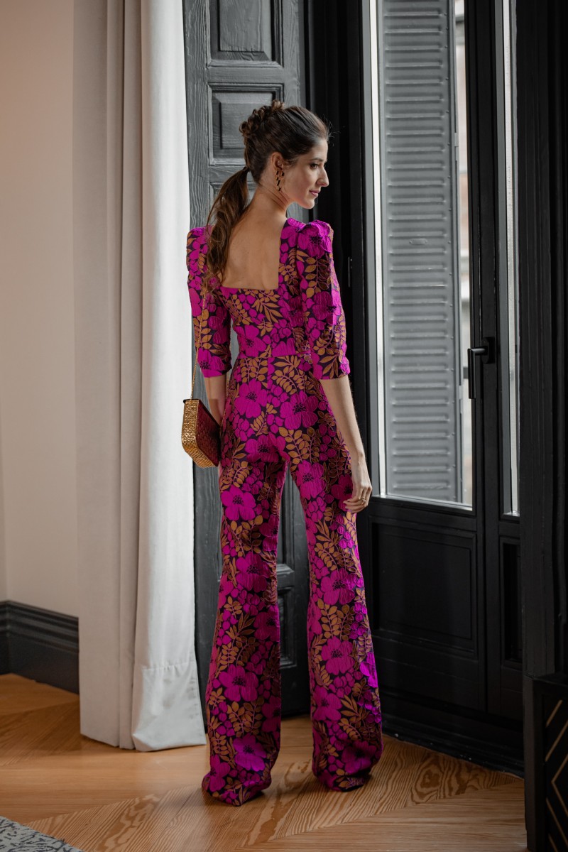 compra online conjunto jacquard de flores de top escote corazon manga francesa y pantalon para invitada evento boda, fiesta, salir con amigos, fondo de armario invitada perfecta shop online