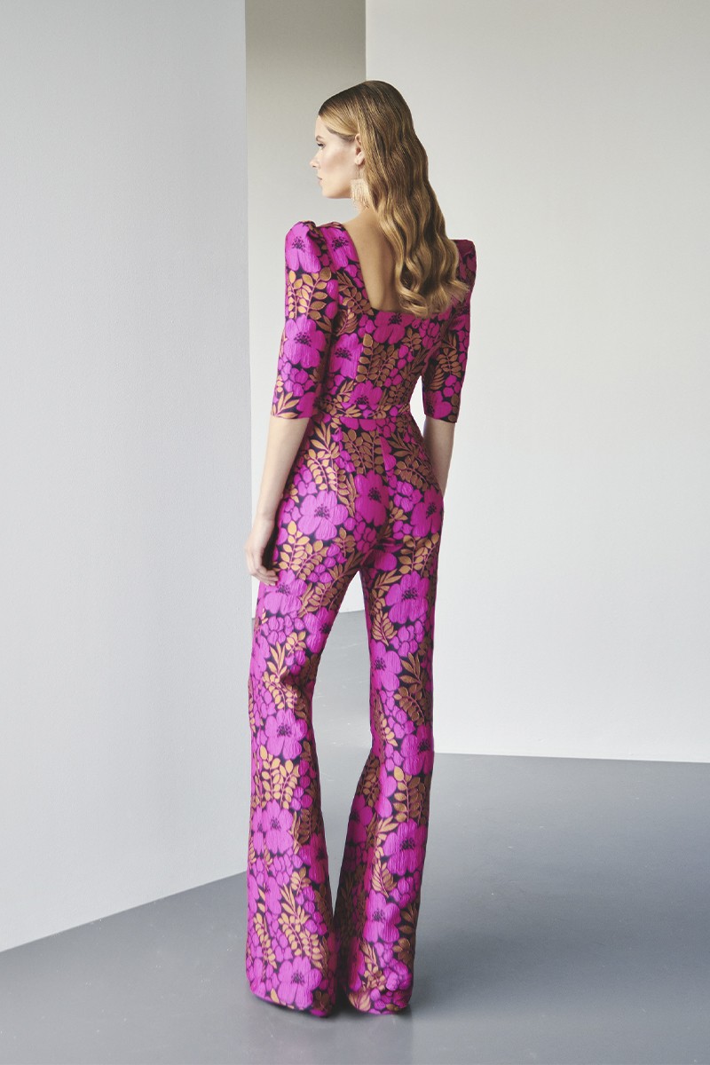 online shopping conjunto brocado de flores de top escote corazon manga francesa y pantalon para invitada evento boda, fiesta, salir con amigos, fonde de armario