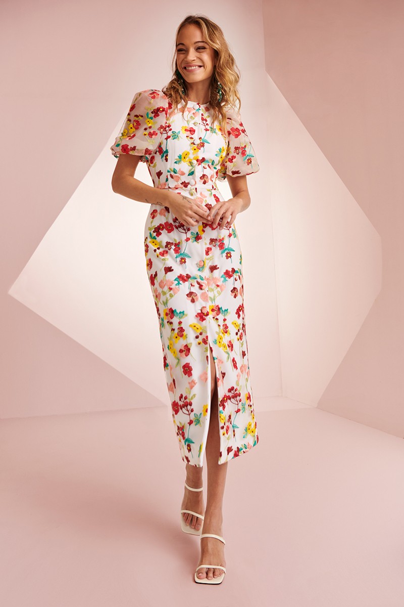 comprar vestido de fiesta con bordados de flores para invitada a boda, bautizo, comunion, fiesta, evento