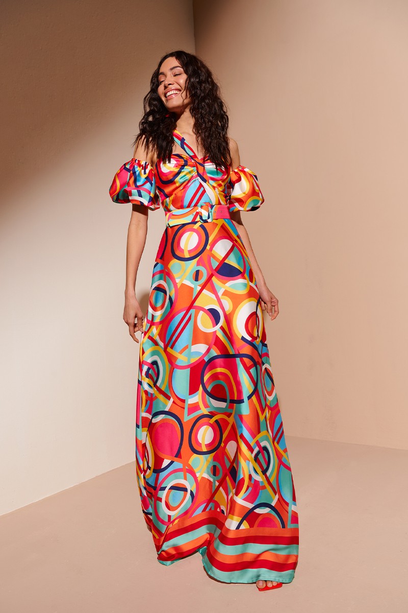 Shop online long dress vestido largo estampado geometrico para invitada de boda fiesta comunion bautizo verano 2023