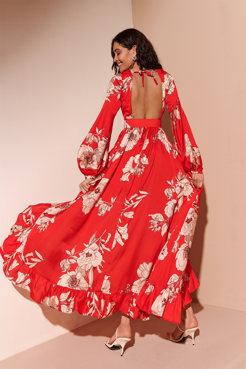 Comprar online vestido largo estampado flores en color rojo y beige para invitada de boda fiesta comunion bautizo verano 2023 feria abril