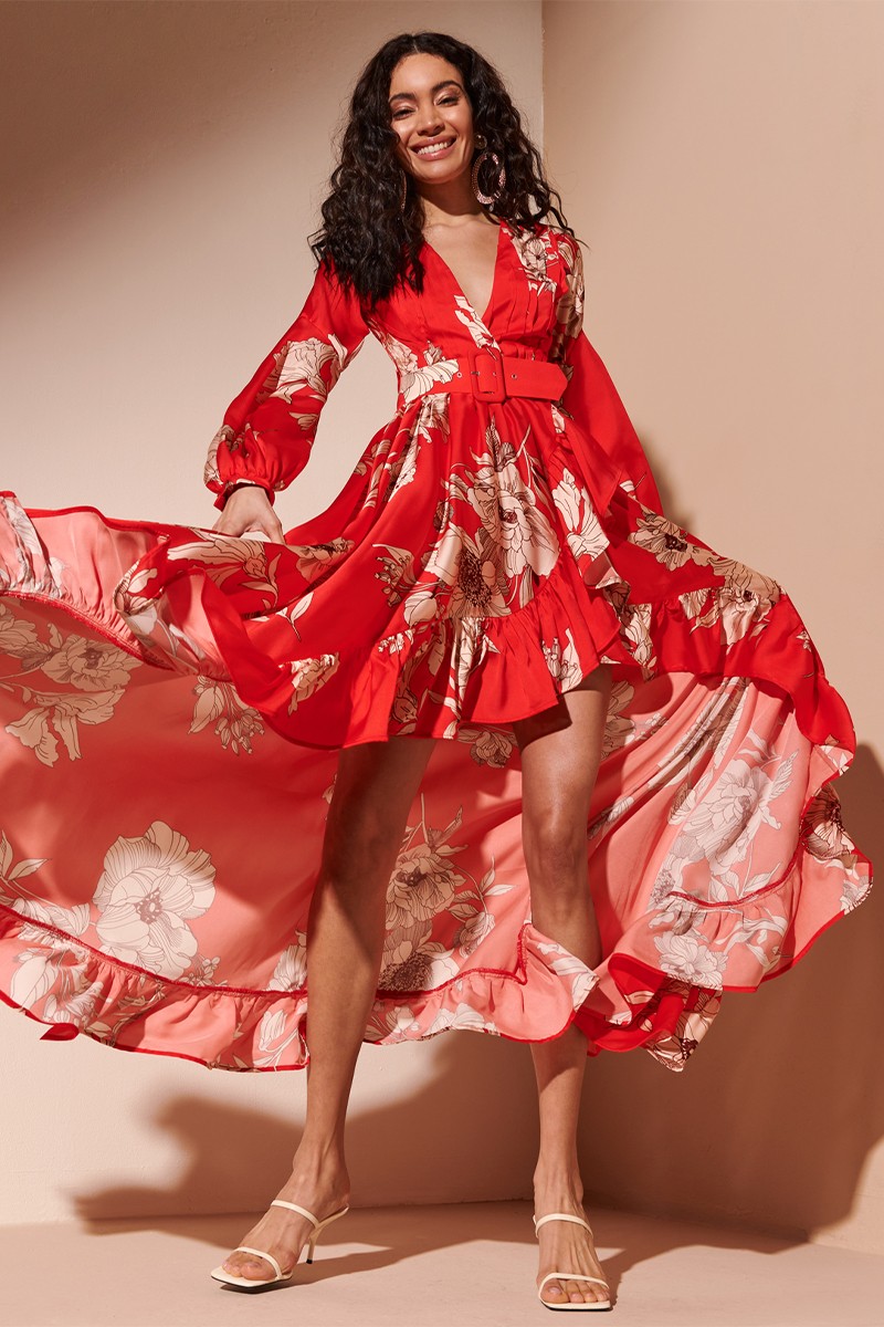 Shop online vestido largo estampado flores en color rojo y beige para invitada de boda fiesta comunion bautizo verano 2023