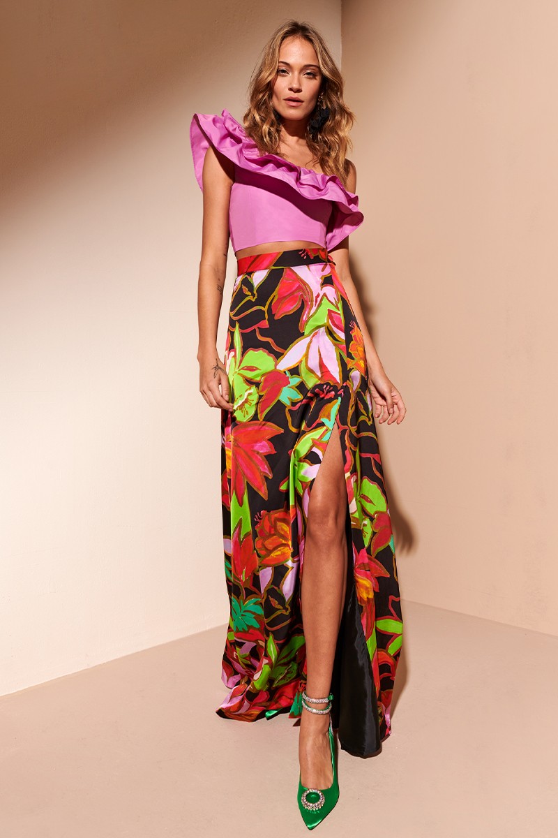 Comprar online top asimétrico tafeta rosa con volantes para invitada de boda comunion bautizo fiesta verano graduacion 