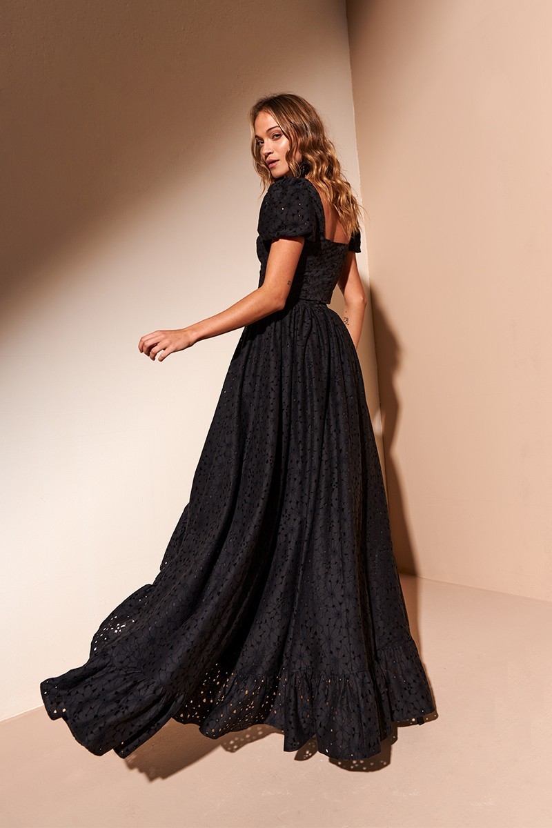 Conjunto de top abullonado y falda larga asimétrica boda bautizo comunion con volante troquelada negro para invitada de boda