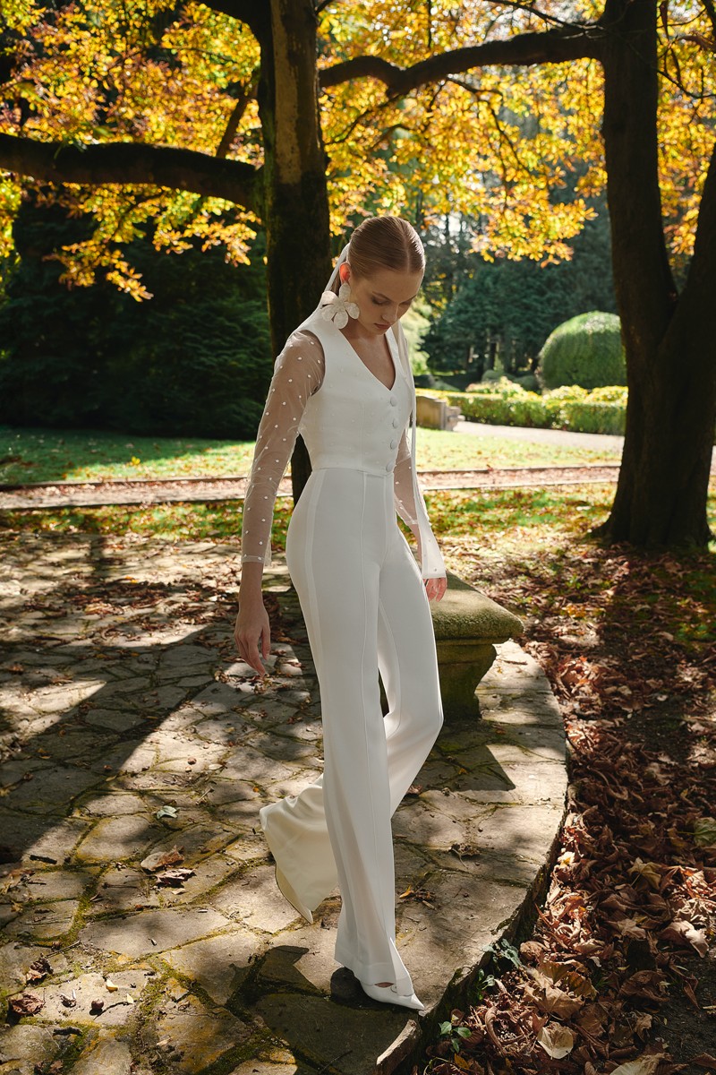 comprar online conjunto pantalon palazzo en crepe blanco, boda civil, madre de comunion, bautizo, fondo de armario