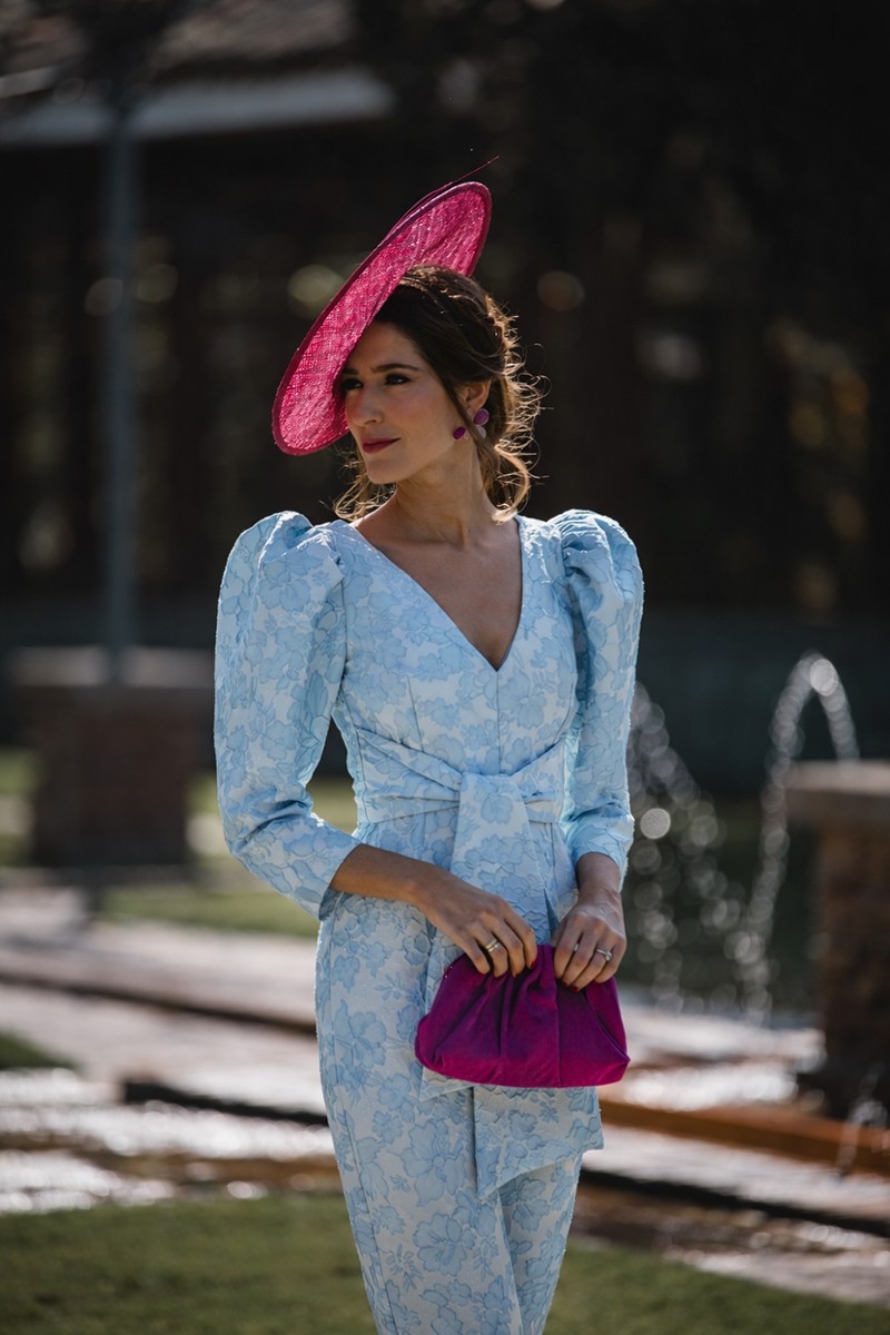 jumpsuit jacquard aguamarina con manga jamon, pantalon estrecho  y lazada en cintura para invitadas boda verano, graduacion, mama de comunion omama de bautizo