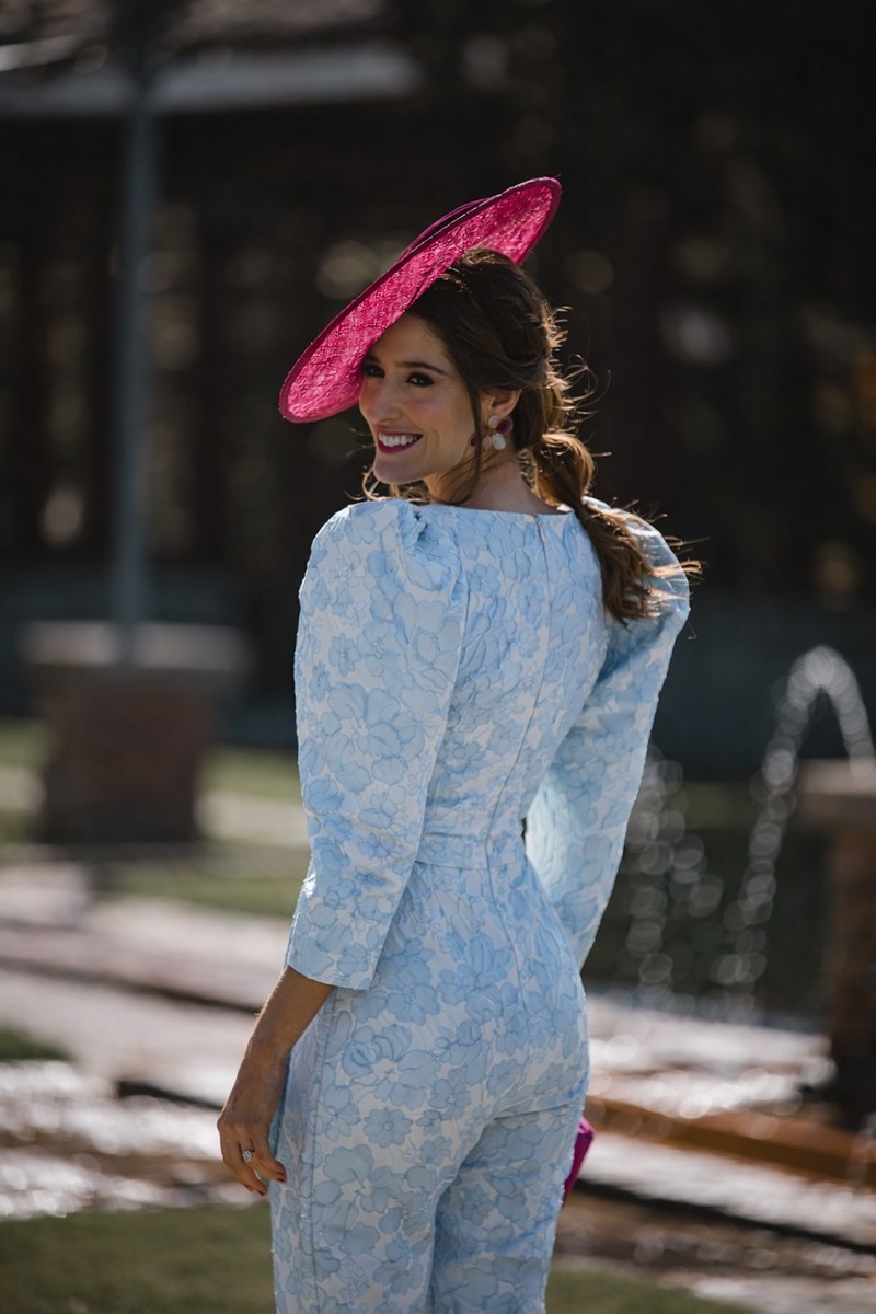 compras Mono de vestir confeccionado en jacquard aguamarina con manga jamon, pantalon estrecho  y lazada en cintura para invitadas boda verano, graduacion, mama de comunion omama de bautizo