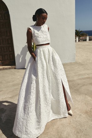 comprar falda larga de novia confeccionada jacquard de excelente calidad en color blanco con dibujo floral en relieve para segundo vestido, boda