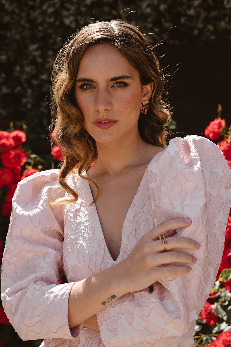 mono de vestir jacquard rosa palo con manga jamon, pantalon estrecho y lazada en cintura para invitadas boda verano, graduacion, mama de comunion omama de bautizo