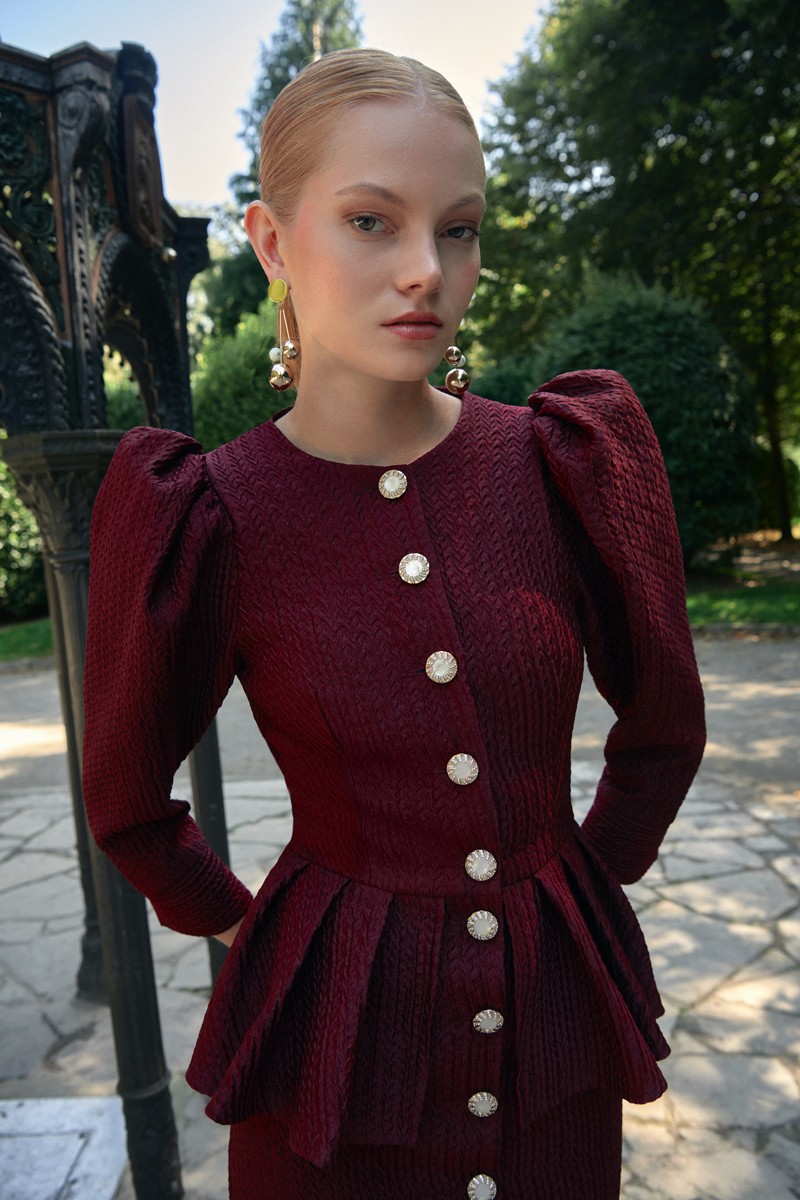 comprar vestido joya peplum burdeos midi para invitada a boda, bautizo, comunion, madrina, shop online apparentia