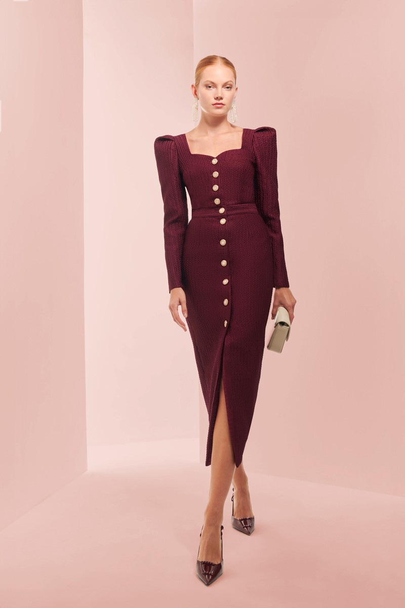 falda midi joya brocada burdeos para invitada a boda, mama de comunion o bautizo, shoponline apparentia