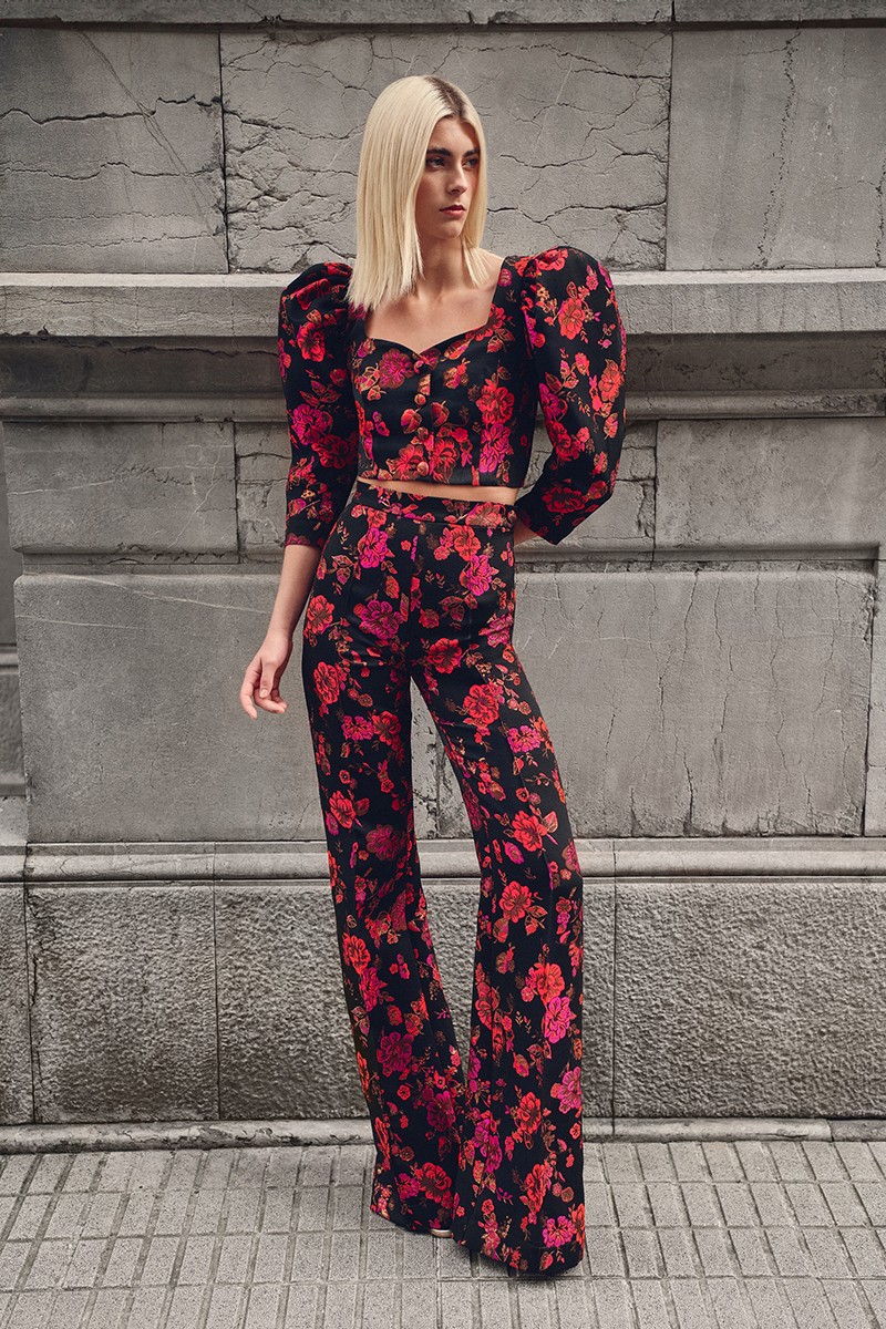 Pantalon de fiesta estampado negro con flores, conjunto para invitada de boda de otoño/invierno, mamá de bautizo y comunión, evento de trabajo, navidad