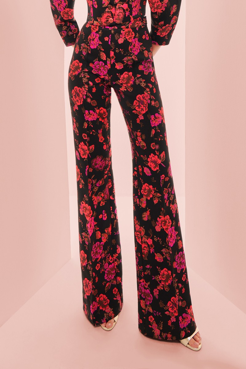 Pantalon palazzo de fiesta brocado negro con flores, conjunto para invitada de boda de otoño/invierno, mamá de bautizo y comunión, evento de trabajo, navidad