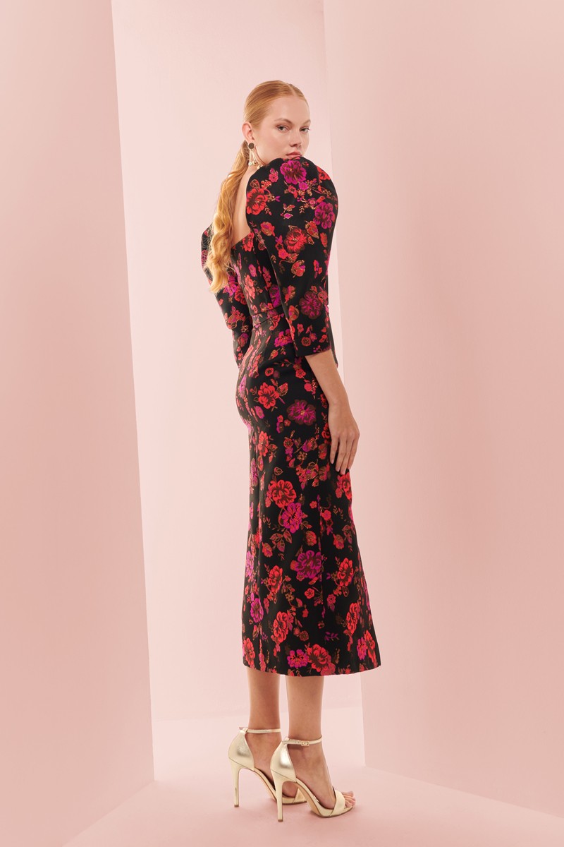 Falda de fiesta en jacquard brocado negro con flores para invitadas a boda de otoño/invierno, mamá de comunion, bautizo, cóctel, evento