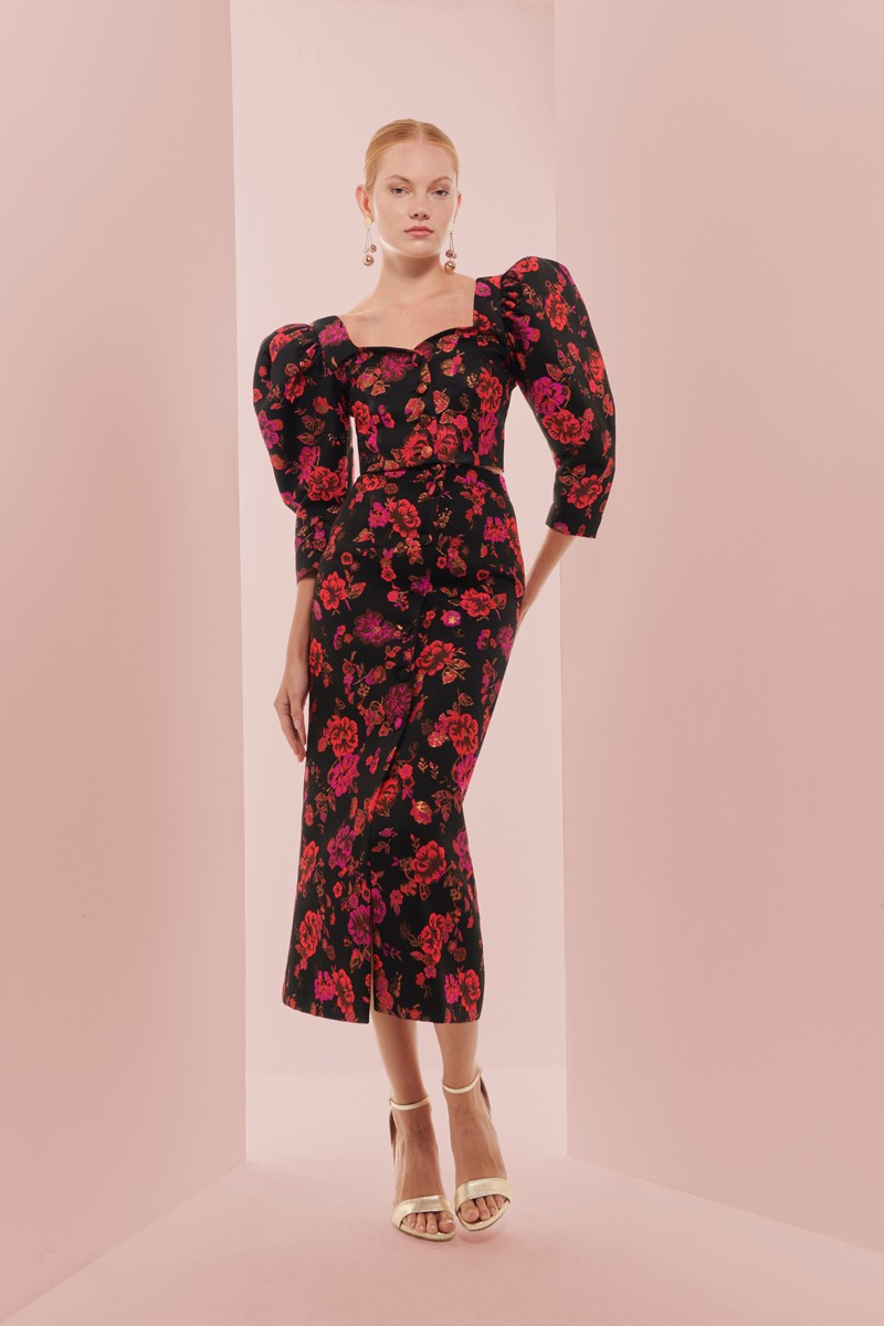 Falda de jacquard brocado negro con flores para invitadas a boda de otoño/invierno, mamá de comunion, bautizo, cóctel, evento