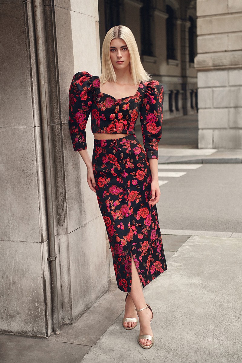 Falda de fiesta brocada negro con flores para invitadas a boda de otoño/invierno, mamá de comunion, bautizo, cóctel, evento