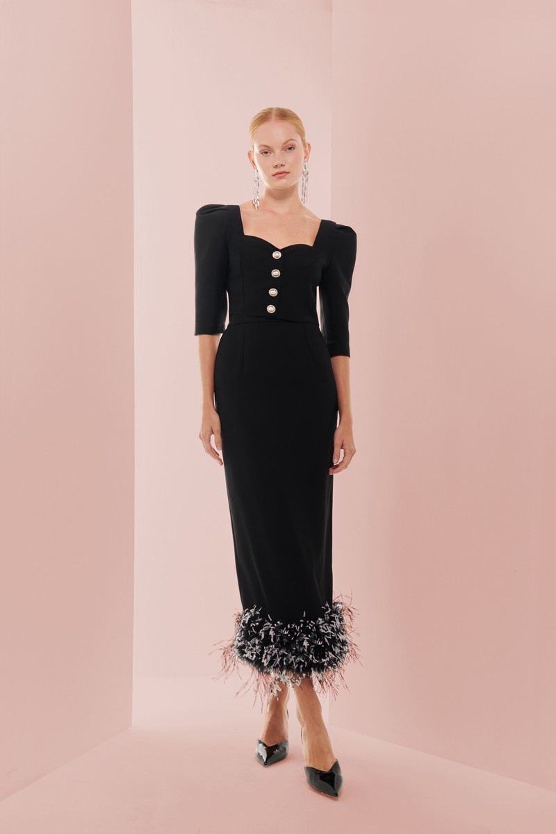 comprar Conjunto de falda plumas y top negro con manga francesa, escote corazon y botones joya para invitada boda invierno, evento, comunion, fiesta, navidad, shoponline